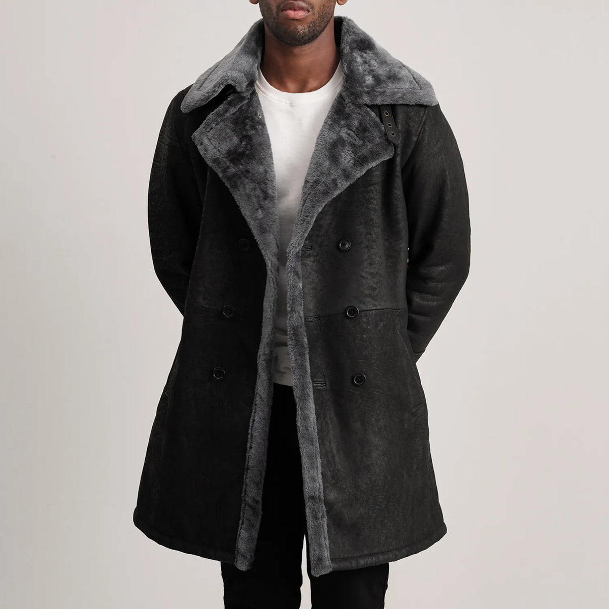 
Charles Brown Suede Leather Shearling Double-Breasted Coat in Brown Goatskin Suede - Front Profile View & Tailored Silhouette | Buy Online