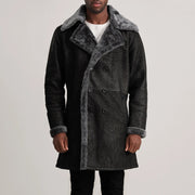 
Close-Up Detail of Notch & Button Hardware on Charles Brown Suede Leather Shearling Double-Breasted Coat