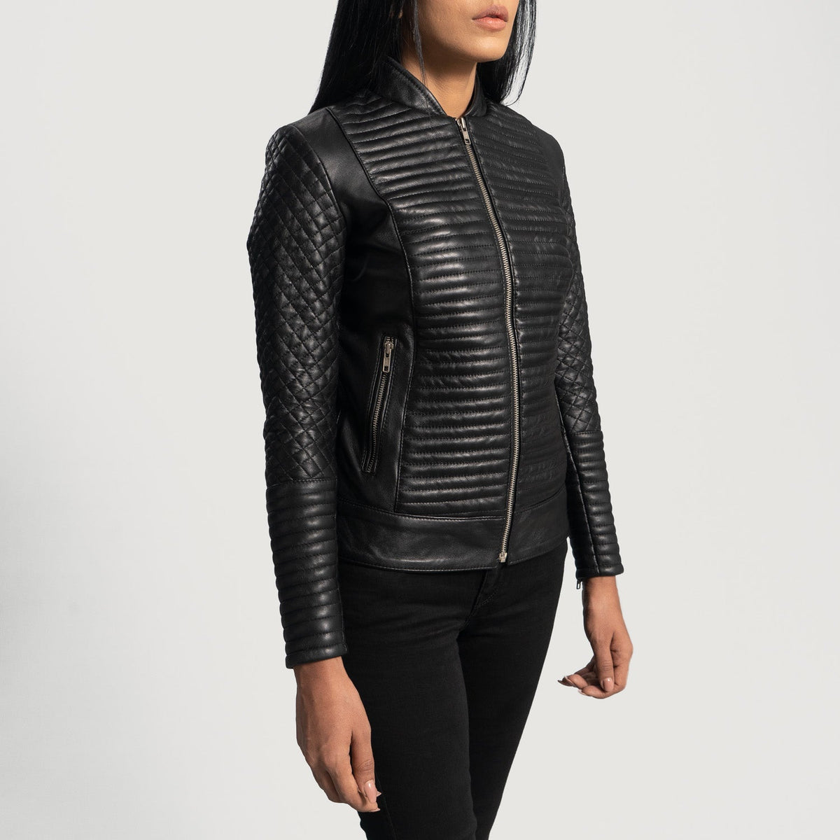 
Black Sheepskin Leather Biker Jacket - Back View Showing Tailored Shoulder Fit & Clean Hemline