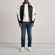 
Close-Up Detail of Varsity & Zipper Hardware on Clarke Black Varsity Jacket