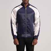 
Clarke Blue Varsity Jacket in Blue & White Satin - Front Profile View & Tailored Silhouette | Buy Online