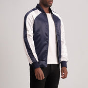 
Blue & White Satin Varsity Jacket - Back View Showing Tailored Shoulder Fit & Clean Hemline