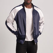 
Clarke Blue Varsity Jacket - Lateral Side Profile View Showing Sleeve Cut & Athletic Taper Fit