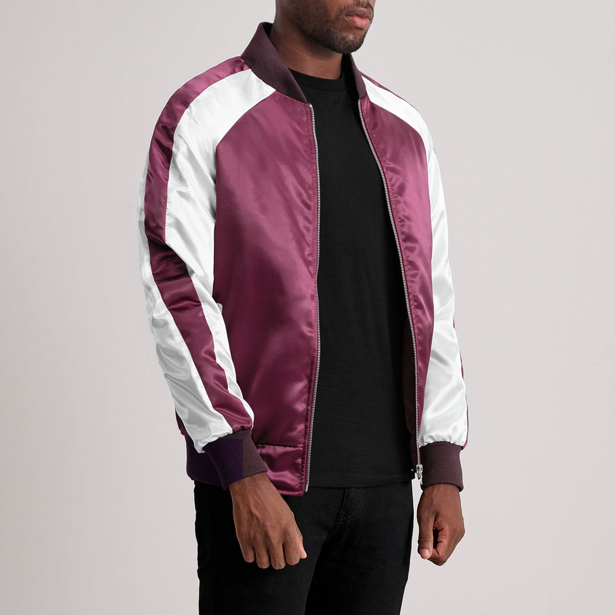 
Maroon & White Satin Aviator Jacket - Back View Showing Tailored Shoulder Fit & Clean Hemline