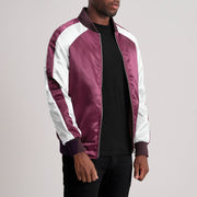 
Maroon & White Satin Aviator Jacket - Back View Showing Tailored Shoulder Fit & Clean Hemline