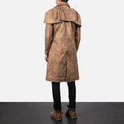 
Men's Classic Brown Leather Duster - Lateral Side Profile View Showing Sleeve Cut & Athletic Taper Fit