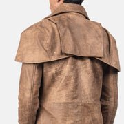 
Close-Up Detail of Classic Collar & Heavy-Duty Zipper Hardware on Men's Classic Brown Leather Duster