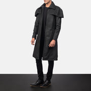 
Distressed Black Sheepskin Snuffed Trench Coat - Back View Showing Tailored Shoulder Fit & Clean Hemline
