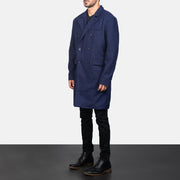 
Navy Blue Synthetic Wool Trench Coat - Back View Showing Tailored Shoulder Fit & Clean Hemline