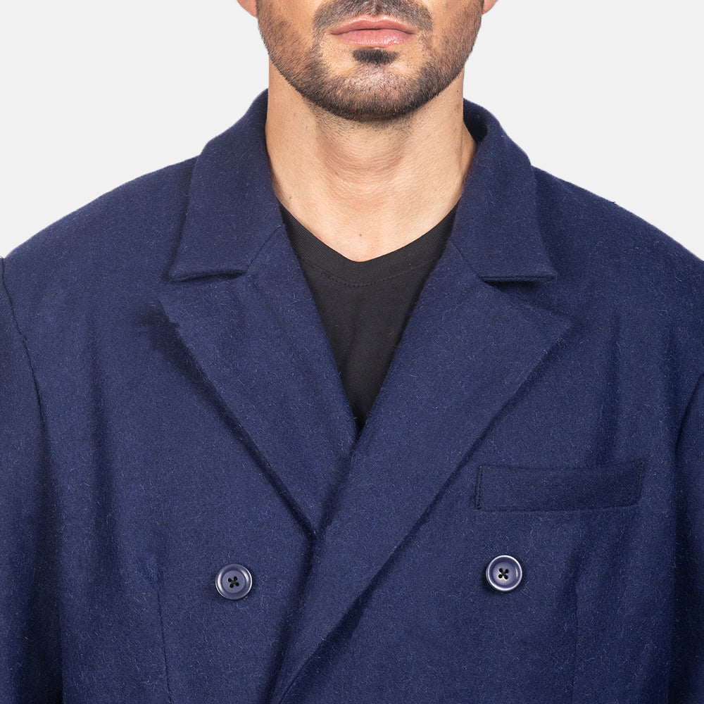 
Close-Up Detail of Notch & Button Hardware on Men's Blue Wool Double Breasted Coat