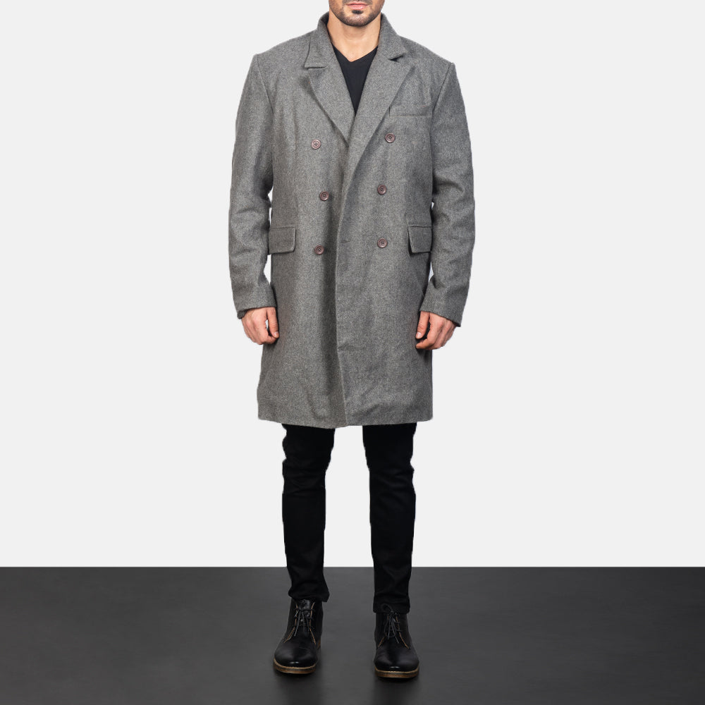 
Men's Claud Grey Wool Double Breasted Coat in Grey Synthetic Wool - Front Profile View & Tailored Silhouette | Buy Online