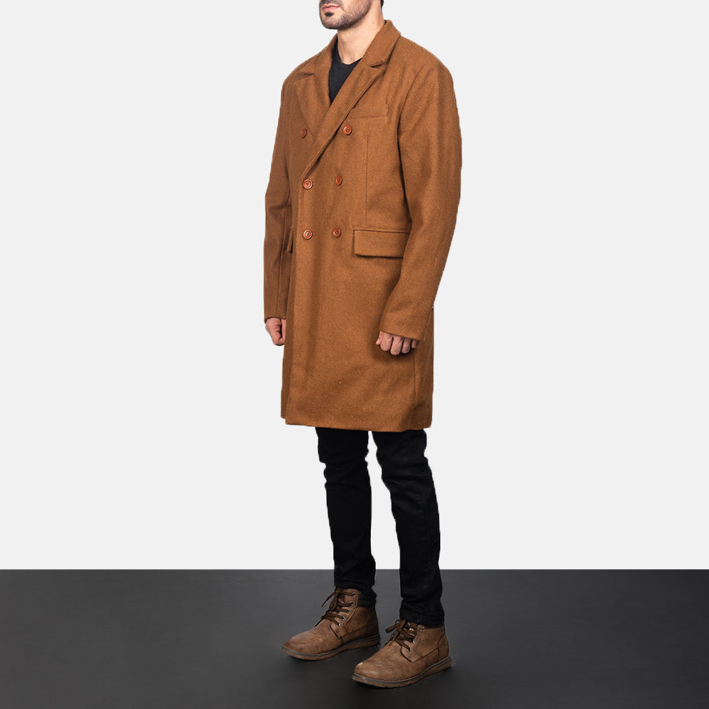 
Khaki Synthetic Wool Trench Coat - Back View Showing Tailored Shoulder Fit & Clean Hemline