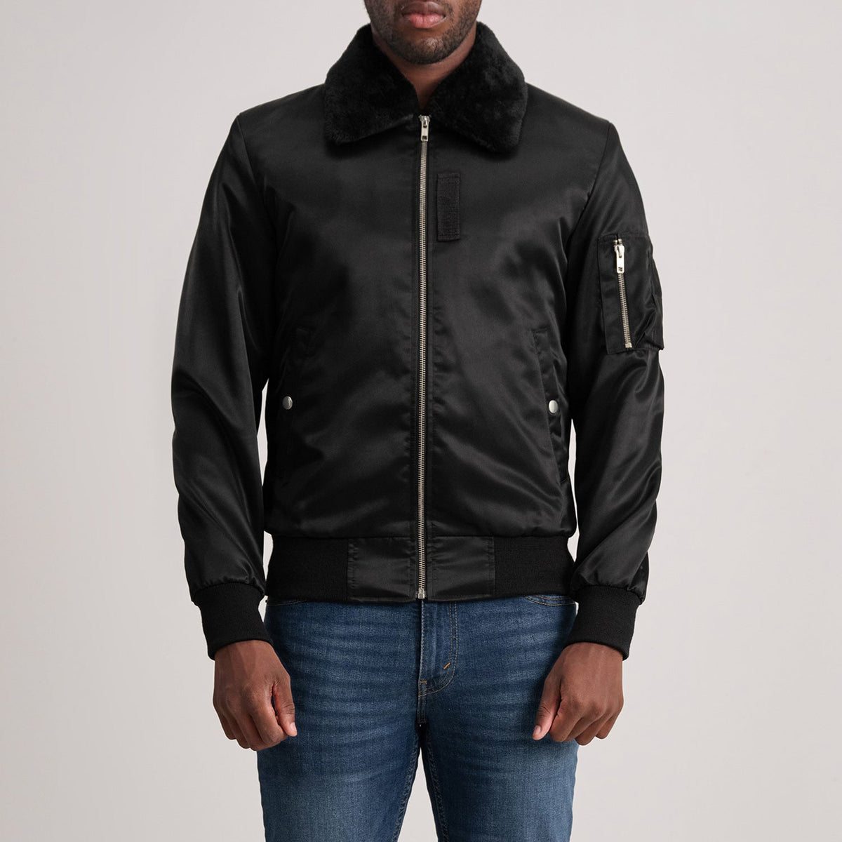 
Clyde B-15 Black Bomber Jacket in Black Satin - Front Profile View & Tailored Silhouette | Buy Online