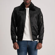 
Close-Up Detail of Removable faux fur collar & Zipper Hardware on Clyde B-15 Black Bomber Jacket