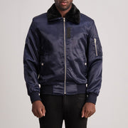 
Clyde B-15 Blue Bomber Jacket in Blue Satin - Front Profile View & Tailored Silhouette | Buy Online