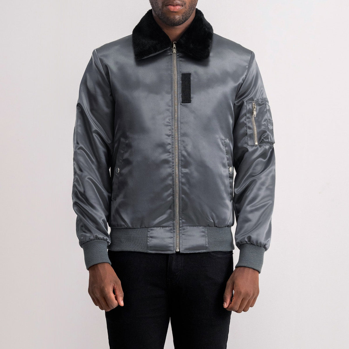 
Clyde B-15 Grey Bomber Jacket in Grey Satin - Front Profile View & Tailored Silhouette | Buy Online