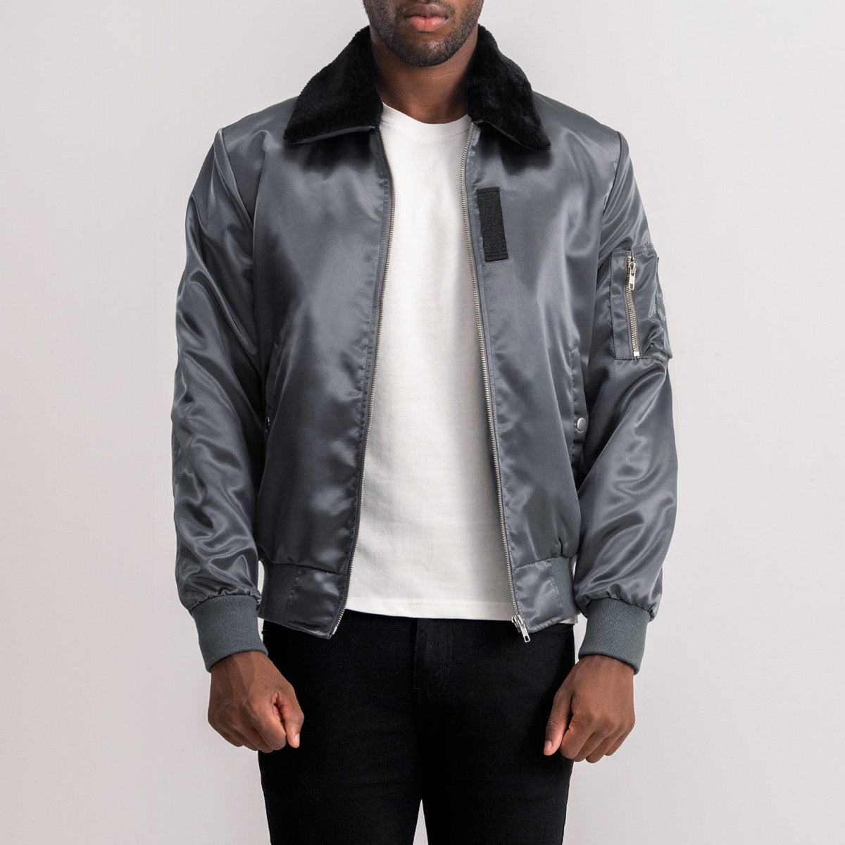 
Clyde B-15 Grey Bomber Jacket - Lateral Side Profile View Showing Sleeve Cut & Athletic Taper Fit