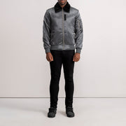 
Close-Up Detail of Removable faux fur collar & Zipper Hardware on Clyde B-15 Grey Bomber Jacket