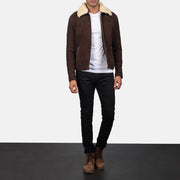 
Men's Coffner Brown Shearling Fur Jacket - Lateral Side Profile View Showing Sleeve Cut & Athletic Taper Fit