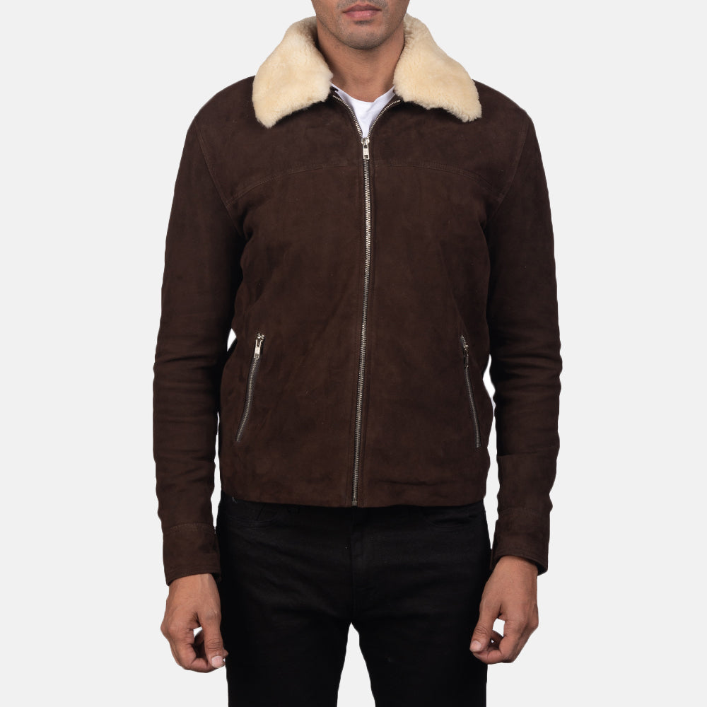 
Close-Up Detail of Shirt with Removable Fur Collar & Zipper Hardware on Men's Coffner Brown Shearling Fur Jacket