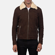 
Close-Up Detail of Shirt with Removable Fur Collar & Zipper Hardware on Men's Coffner Brown Shearling Fur Jacket