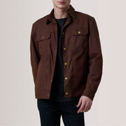 
Colberto Brown Waxed Canvas Trucker Jacket For Men in Brown Waxed Cotton Canvas - Front Profile View & Tailored Silhouette | Buy Online