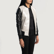 
Silver & Black Sheepskin Leather Bomber Jacket - Back View Showing Tailored Shoulder Fit & Clean Hemline