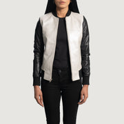 
Women's Cole Silver Leather Bomber Jacket - Lateral Side Profile View Showing Sleeve Cut & Athletic Taper Fit