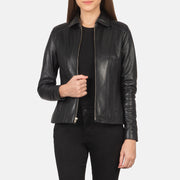 
Women Colette Black Leather Jacket in Black Sheepskin Leather - Front Profile View & Tailored Silhouette | Buy Online