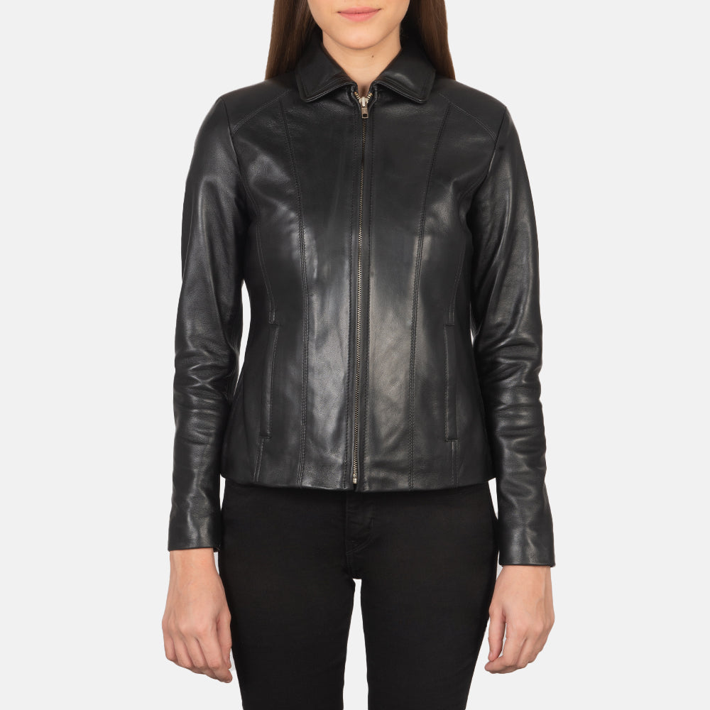 
Black Sheepskin leather Jacket - Back View Showing Tailored Shoulder Fit & Clean Hemline