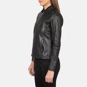 
Women Colette Black Leather Jacket - Lateral Side Profile View Showing Sleeve Cut & Athletic Taper Fit