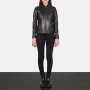 
Close-Up Detail of Shirt & Zipper Hardware on Women Colette Black Leather Jacket