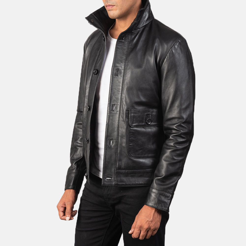 
Blue Sheepskin Leather Bomber Jacket - Back View Showing Tailored Shoulder Fit & Clean Hemline