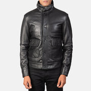 
Norman Black Hooded Bomber Leather Puffer Jacket - Lateral Side Profile View Showing Sleeve Cut & Athletic Taper Fit
