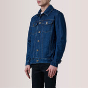 
Conard Dark Blue Denim Trucker Jacket For Men - Lateral Side Profile View Showing Sleeve Cut & Athletic Taper Fit