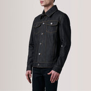
Conard Faded Black Denim Trucker Jacket For Men - Lateral Side Profile View Showing Sleeve Cut & Athletic Taper Fit