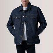 
Conard Ash Grey Denim Trucker Jacket For Men in Indigo Blue Full-Grain Leather - Front Profile View & Tailored Silhouette | Buy Online