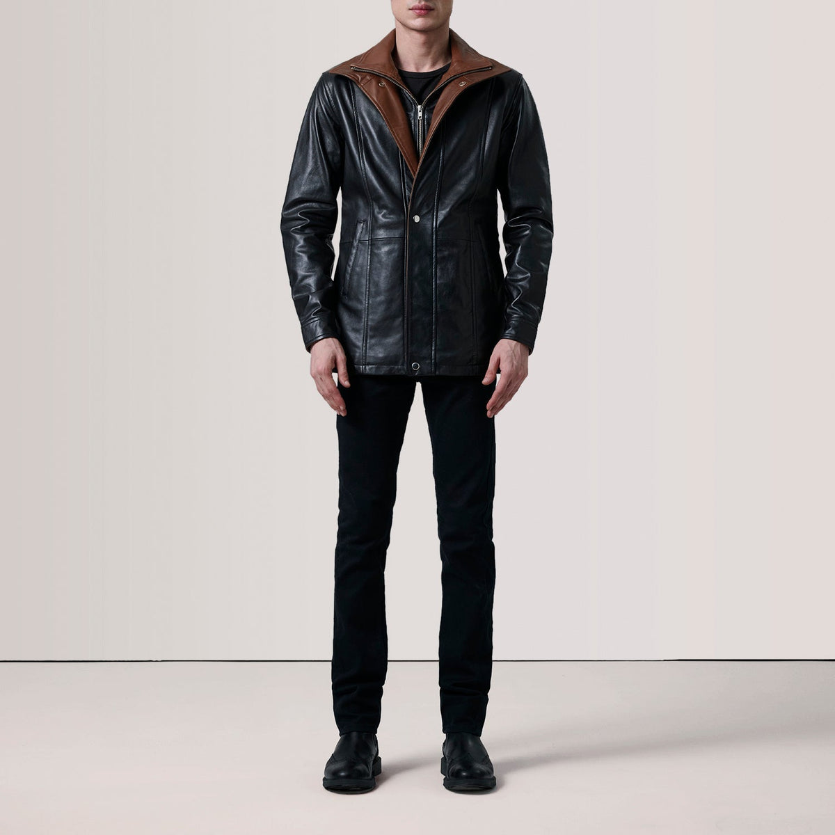 
Black Sheepskin leather Coat - Back View Showing Tailored Shoulder Fit & Clean Hemline
