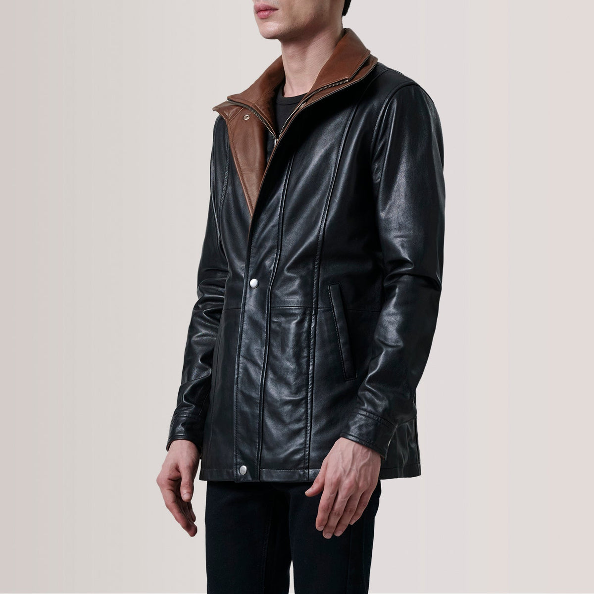 
Connor Black Leather Coat For Men - Lateral Side Profile View Showing Sleeve Cut & Athletic Taper Fit
