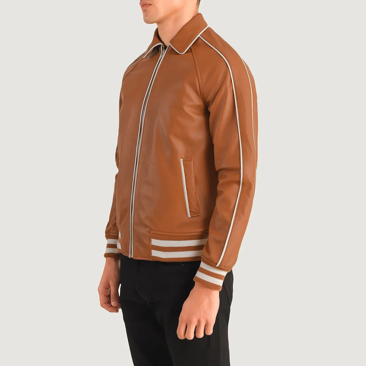 
Tan Brown Sheepskin Leather Varsity Jacket - Back View Showing Tailored Shoulder Fit & Clean Hemline