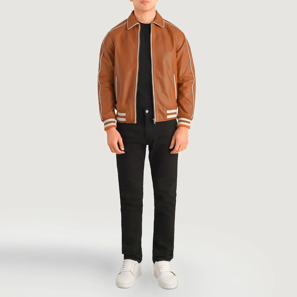 
Cooper Tan Brown Leather Varsity Jacket - Lateral Side Profile View Showing Sleeve Cut & Athletic Taper Fit