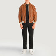 
Cooper Tan Brown Leather Varsity Jacket - Lateral Side Profile View Showing Sleeve Cut & Athletic Taper Fit