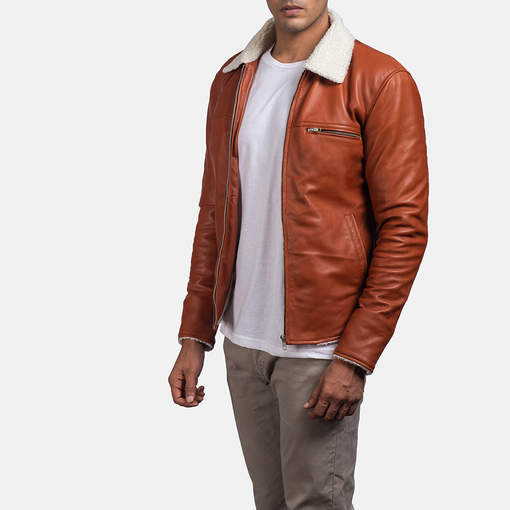 
Brown Sheepskin Leather Aviator Jacket - Back View Showing Tailored Shoulder Fit & Clean Hemline