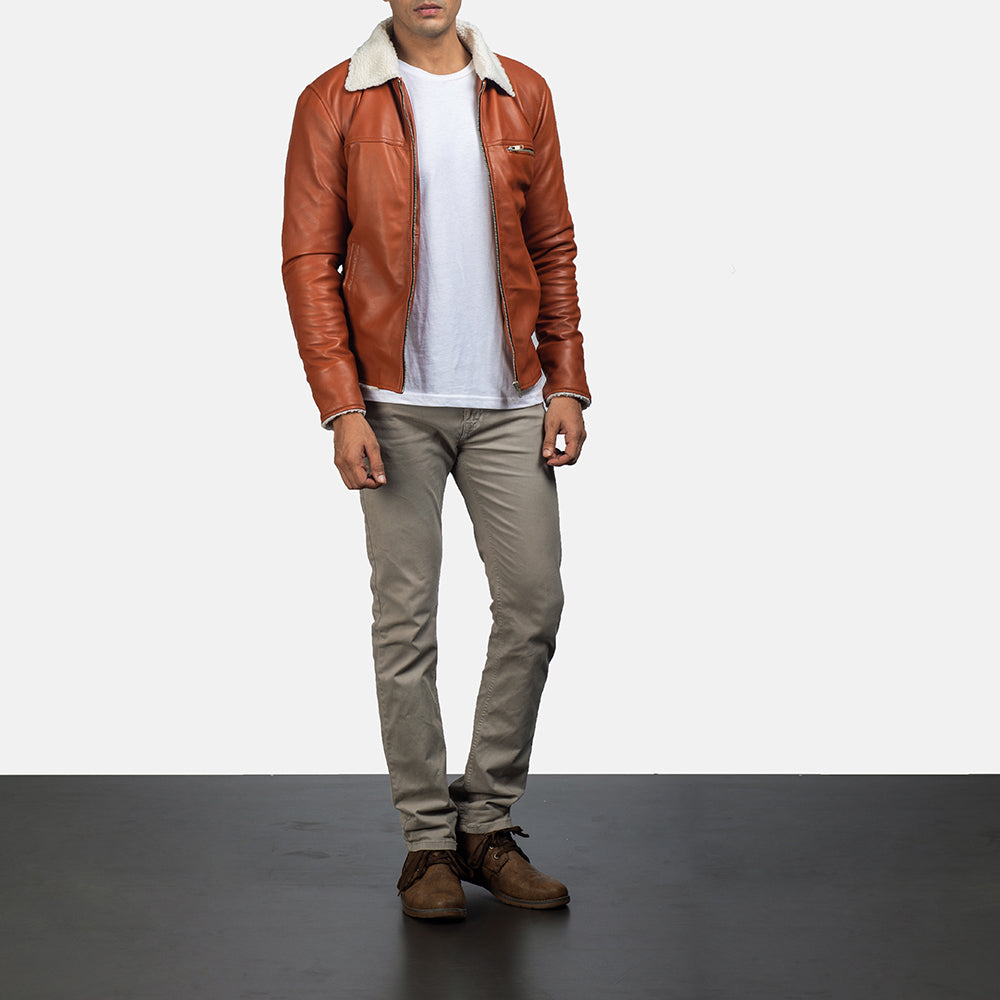 
Men's Dan Frost Tan Shearling Jacket - Lateral Side Profile View Showing Sleeve Cut & Athletic Taper Fit