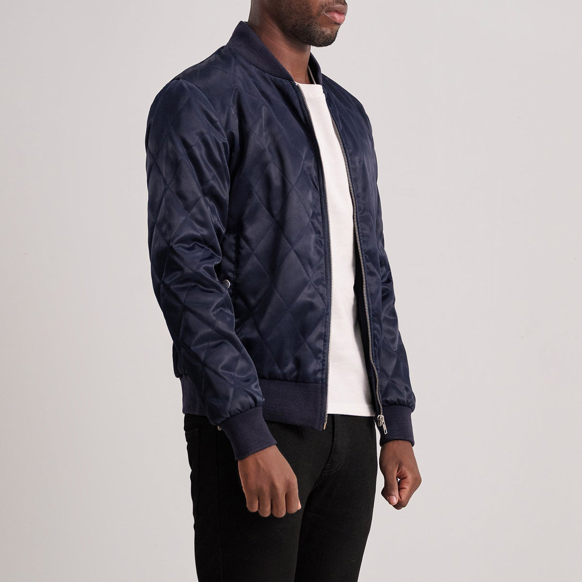 
Blue Satin Varsity Jacket - Back View Showing Tailored Shoulder Fit & Clean Hemline