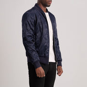 
Blue Satin Varsity Jacket - Back View Showing Tailored Shoulder Fit & Clean Hemline