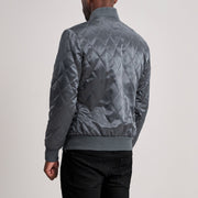 
Close-Up Detail of Varsity & Zipper Hardware on Danson Quilted Grey Varsity Jacket
