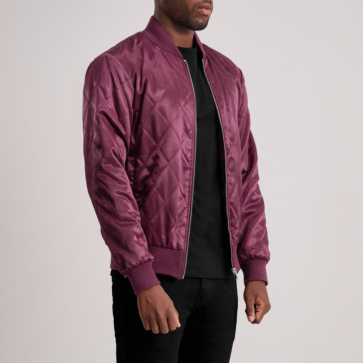 
Maroon Satin Aviator Jacket - Back View Showing Tailored Shoulder Fit & Clean Hemline