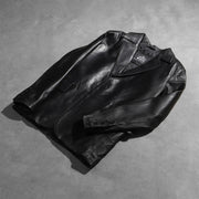 
Styled Fit Perspective of Men's Daron Black Leather Blazer on Model - Natural Daylight Drape