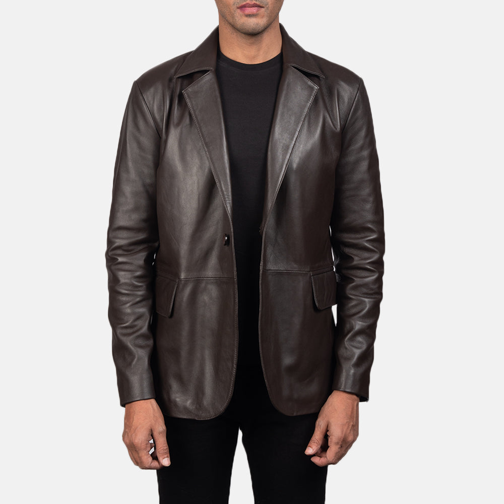 
Close-Up Detail of Notch & Button Hardware on Daron Brown Leather Blazer